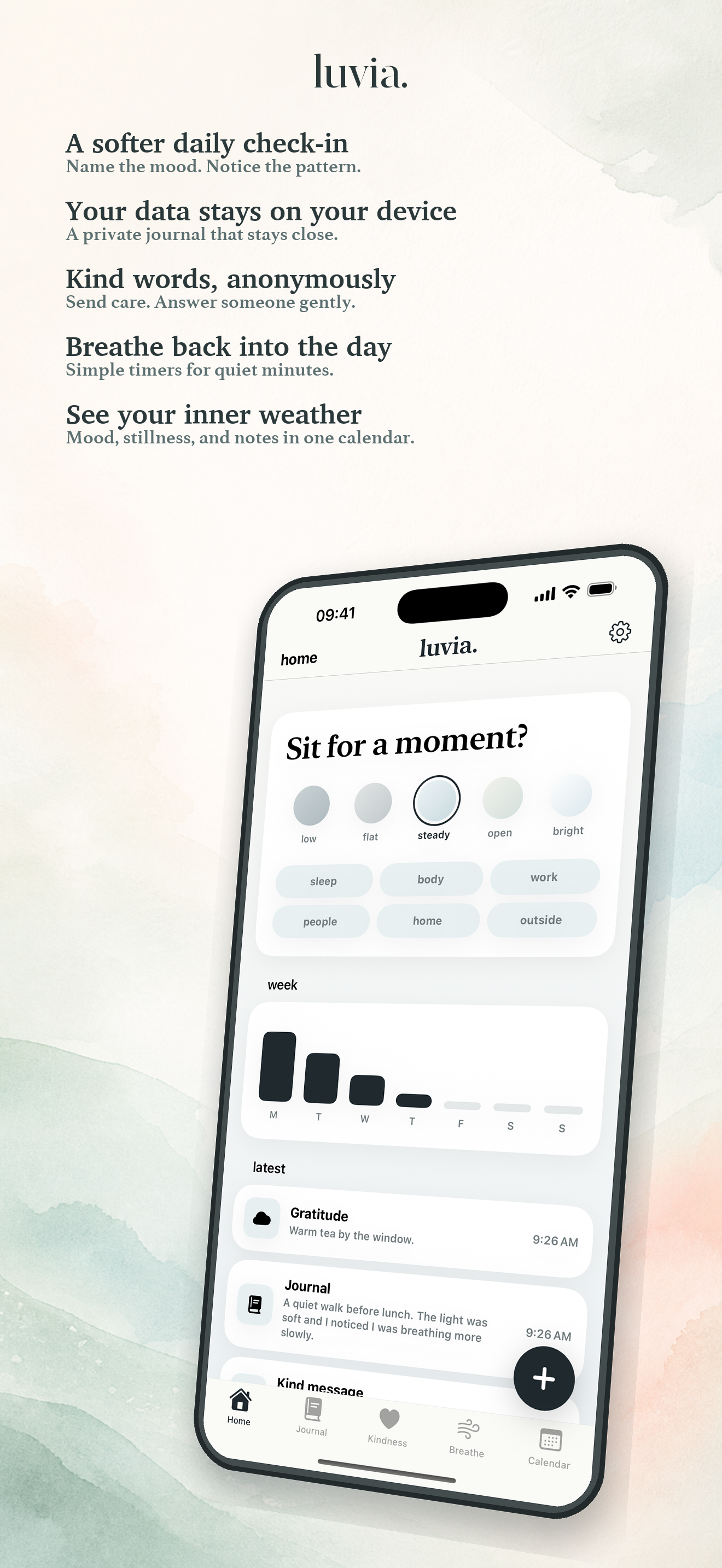 Luvia home screen with mood check-in and feature text